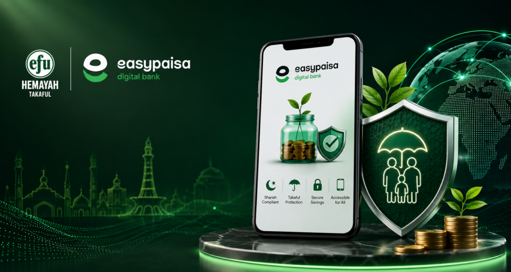 "easypaisa app showing the EFU Hemayah Takaful Savings Plan with Shariah-compliant returns"